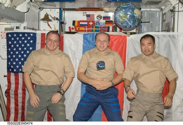 NASA image: Expedition 22 Crewmembers pose for photo in the Node 2 during Expedition 22