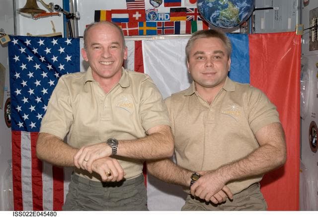 NASA image: Expedition 22 Crewmembers pose for photo in the Node 2 during Expedition 22