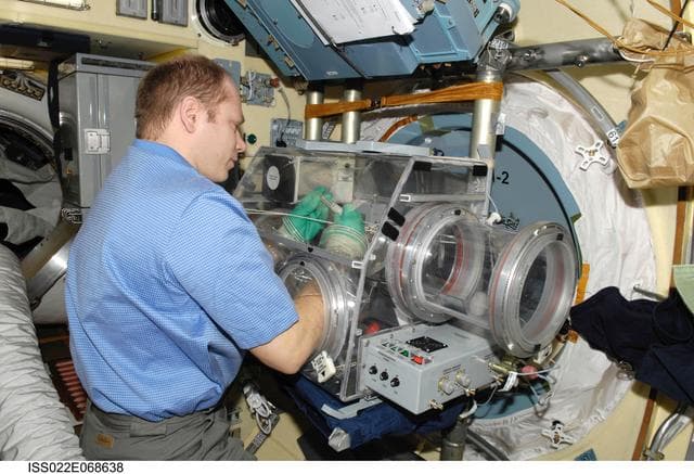 NASA image: Kotov works with samples from the Bioscience Experiment ASEPTIC during Joint Operations