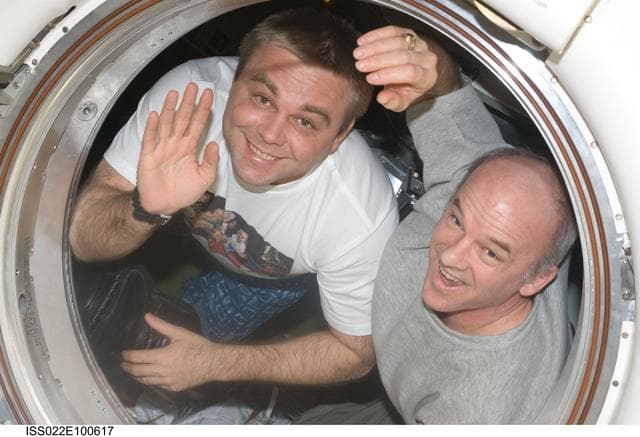 NASA image: Suraev and Williams in the hatch area during Expedition 22