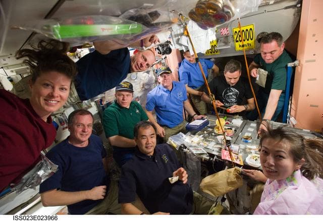 Crewmembers Share a Meal in Node 1