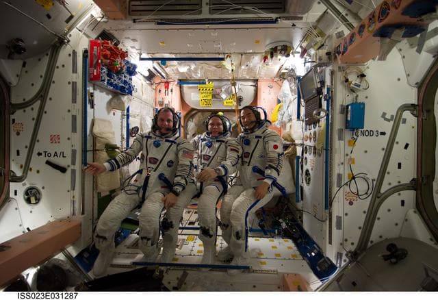 NASA image: Creamer, Kotov and Noguchi prepare for Sokol Suit Leak Check