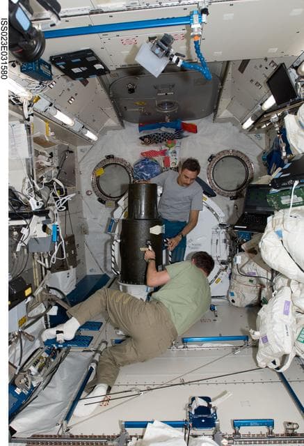 NASA image: Skvortsov and Kornienko with Matroshka-2 Kibo Hardware