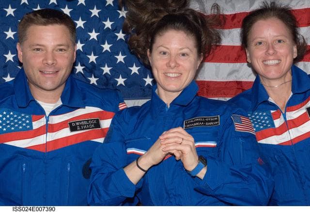 NASA image: Crew Photo in front of flag