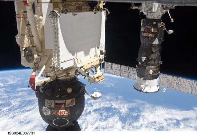 NASA image: Exterior view of docked Soyuz TMA-19 and Progress M-05M