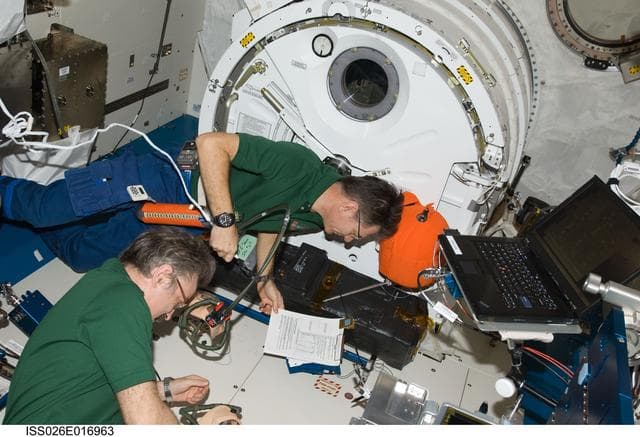 NASA image: Nespoli and Kaleri during emergency scenario drill