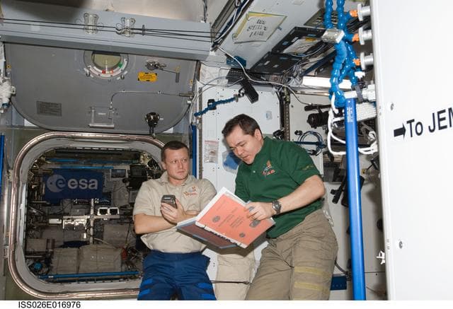 NASA image: Kondratyev and Skripochka during emergency scenario drill