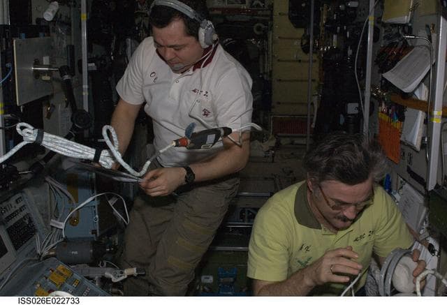 NASA image: Kaleri and Skripochka works at the TORU Console