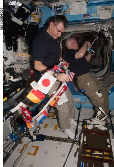 NASA image: Nespoli works with flags of the International Partners
