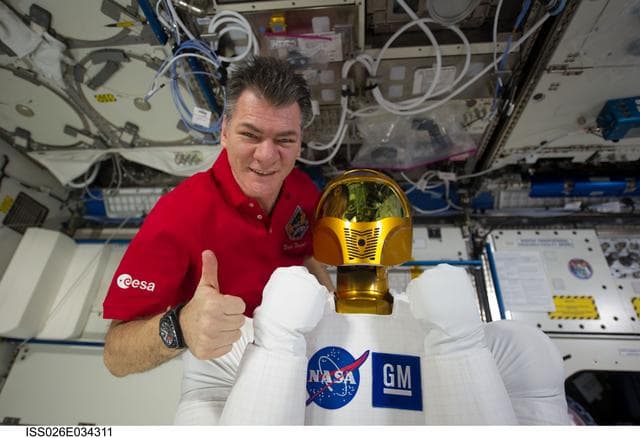 NASA image: Nespoli poses with Robonaut 2