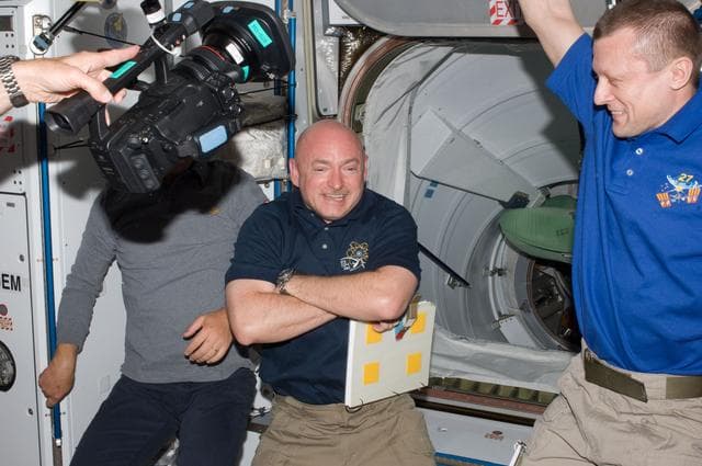 NASA image: Kelly and Kondratyev in Node 2 following STS-134 Hatch Opening