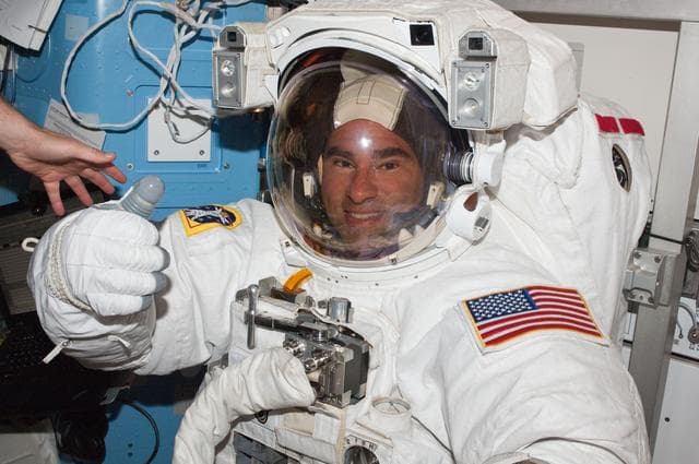 NASA image: Chamitoff in A/L during EVA 1 Preparations