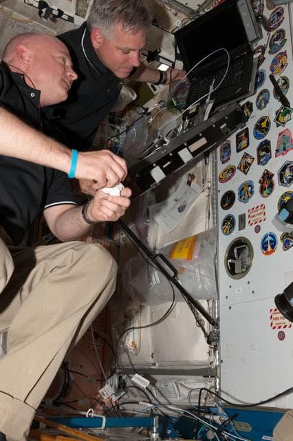 NASA image: Kelly and Johnson with Mission Patches in Node 1