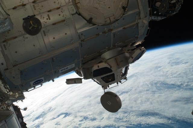 NASA image: Exterior view of Node 3 and Cupola taken during EVA-3