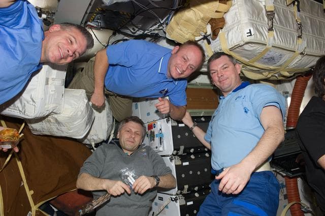 NASA image: View of STS-134 / Expedition 28 Crew Members on the Shuttle Middeck