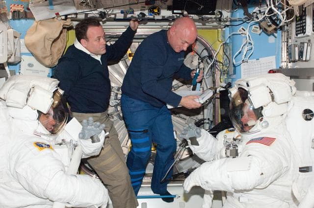 NASA image: View of STS-134/Expedition 28 Crew Members preparing for EVA-4