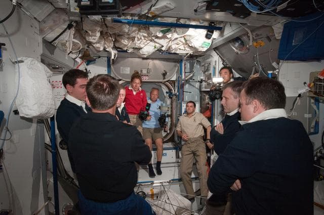 NASA image: View of Expedition 28 Crew Members greeting the STS-135 Crew