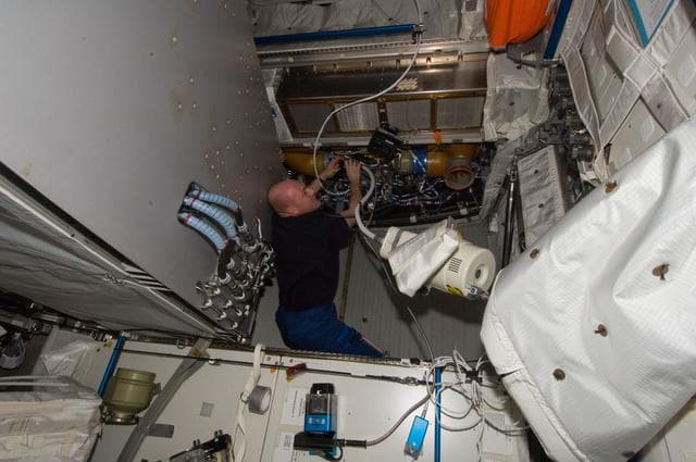 NASA image: Kuipers uses vacuum cleaner while performing maintenance in the Columbus Module