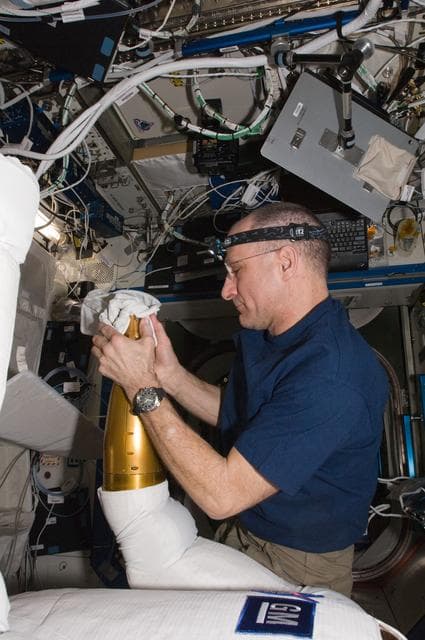 NASA image: Pettit replaces the cover on an arm of Robonaut 2