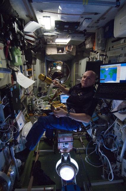 NASA image: Kuipers sets up the  EHS/TEPC Spectrometer and Detector Assembly in the SM