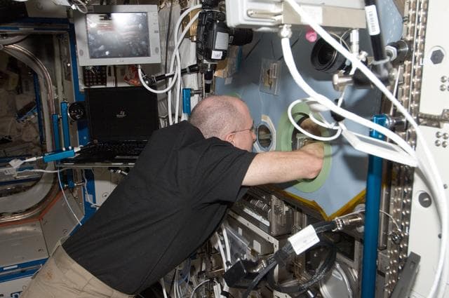 NASA image: Pettit performs a session of BASS Fire Safety Tests at the MSG