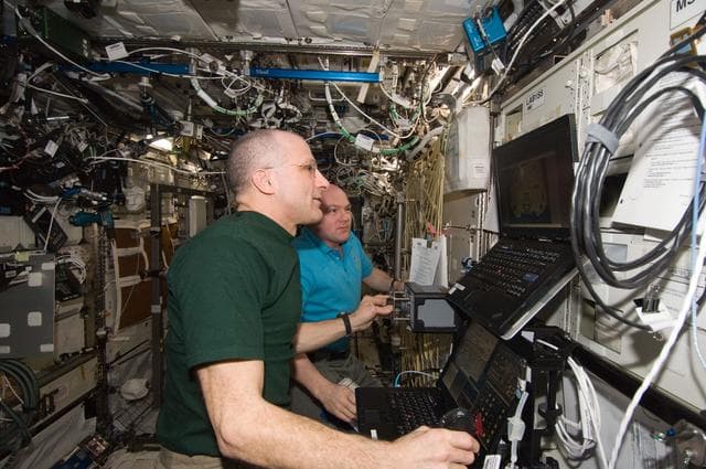 NASA image: Pettit and Kuipers conducting RoBoT Simulator Session