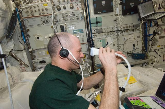 NASA image: Pettit performs Ultrasound Eye Imaging
