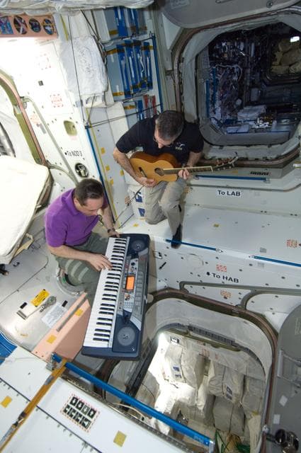 NASA image: Burbank and Shkaplerov playing musical instruments