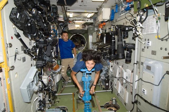 NASA image: FE Williams uses the IMT Mass Measurement Device in the SM
