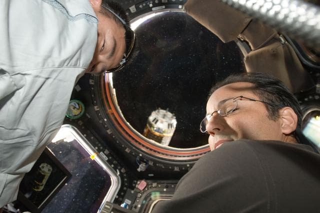 NASA image: Expedition 32 Crew Members in the Cupola during HTV3 Approach
