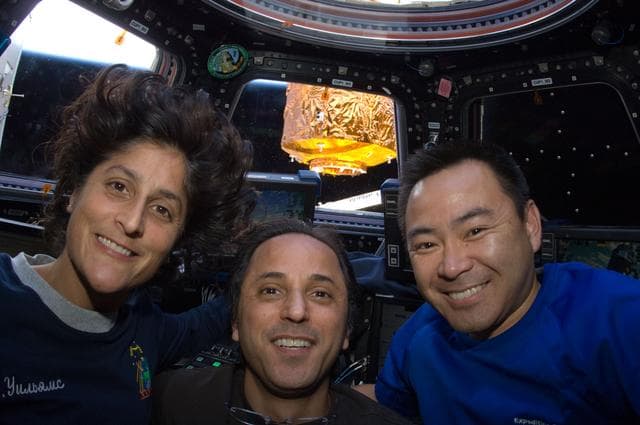 NASA image: Expedition 32 Crew Members pose for a photo in the Cupola