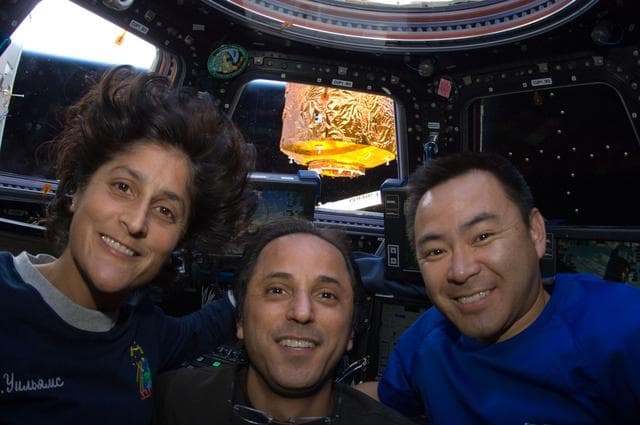 NASA image: Expedition 32 Crew Members pose for a photo in the Cupola