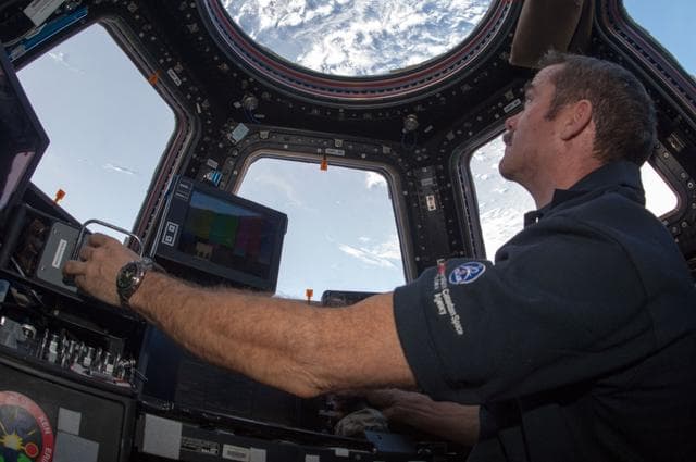 NASA image: Hadfield works robotic controls in the Cupola Module