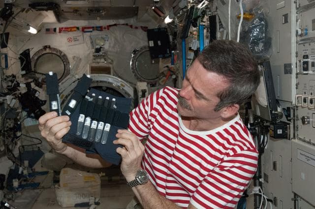 NASA image: Hadfield holds bubble detectors for the RaDI-N Experiment in the Columbus Module