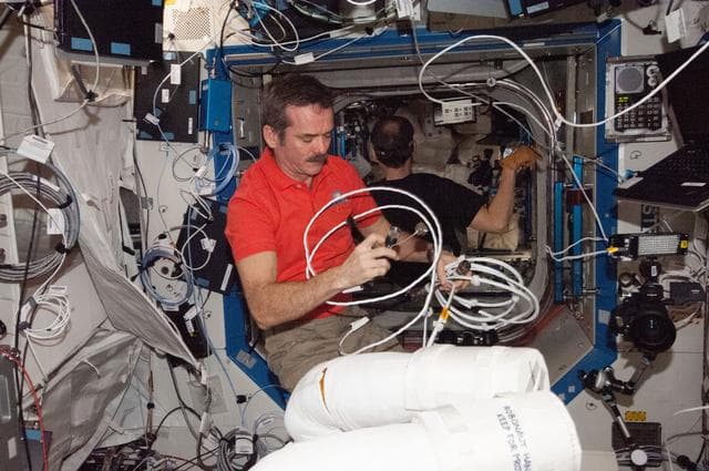 NASA image: Hadfield works with Robonaut 2 hardware in the U.S. Laboratory