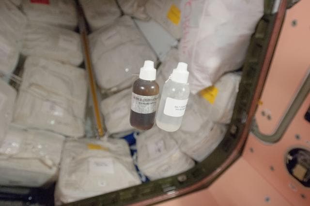 NASA image: Liquid Pepper and Salt Dispensers floating in Node 1