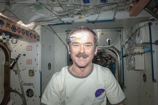 NASA image: Hadfield before a Haircut in Node 1