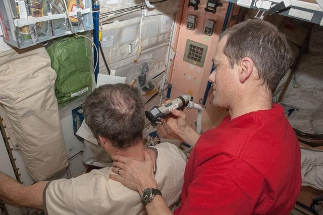 NASA image: Marshburn gives Hadfield a Haircut in Node 1