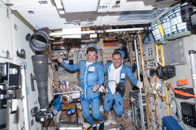 NASA image: Romanenko and Vinogradov during EVA 32 Preparations