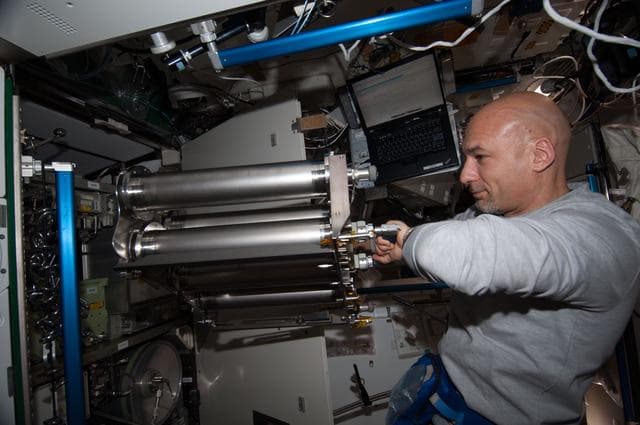 NASA image: Water Processing Assembly Particulate Filter Remove and Replace (R&R)