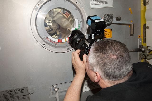 NASA image: EVA 23 prep in the Quest airlock