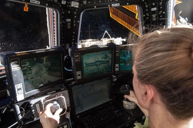 NASA image: Nyberg at Robotics workstation in Cupola