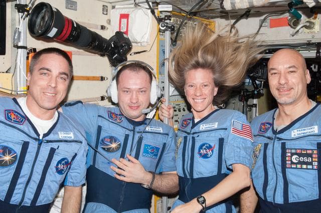 NASA image: Expedition 36 crew in Penguin suit