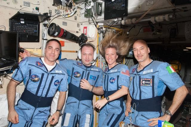 NASA image: Expedition 36 crew in Penguin suit