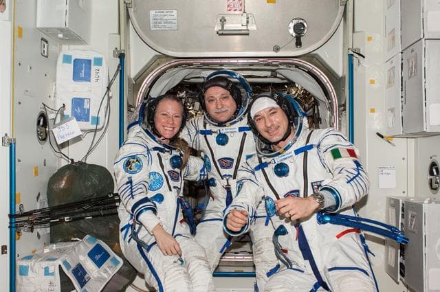 NASA image: "Portrait of Yuchirkin, Nyberg and Parmitano in Node 7"