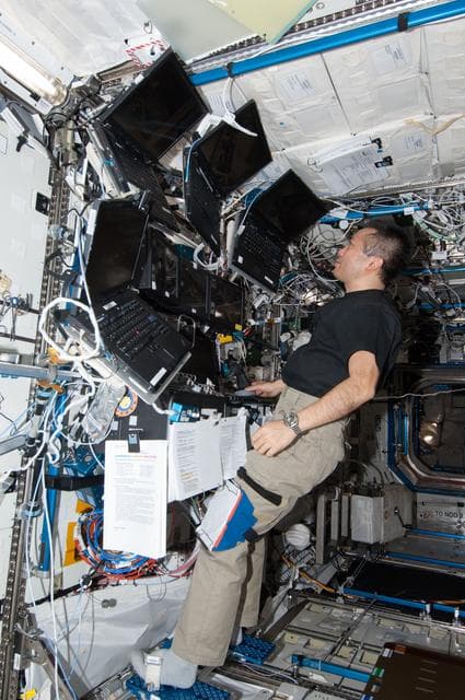 NASA image: Wakata at the SSRMS,RWS in the U.S. Laboratory