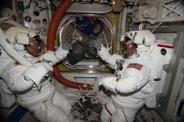 NASA image: Swanson and Mastracchio during EMU Fit Check in the A/L