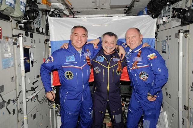 NASA image: Skvortsov, Tyurin, and Artemyev in the SM