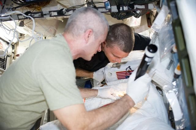 NASA image: Swanson and Wiseman in Airlock with EMU