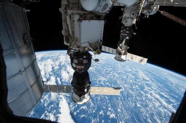NASA image: View of the Docked Soyuz TMA-15M and Progress 57P